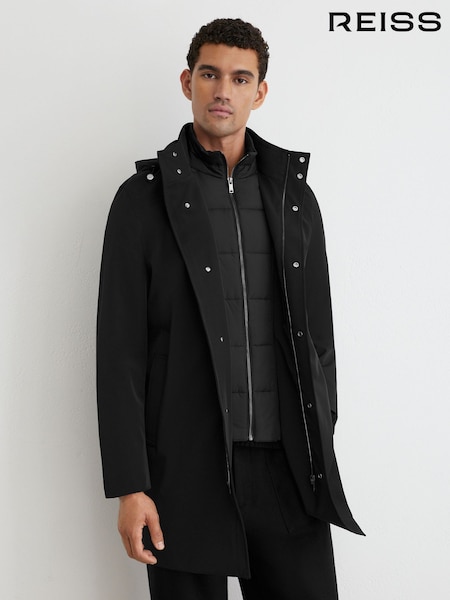 Black - Regular Reiss Hilson Hybrid Gilet-insert Overcoat With Detachable Hood