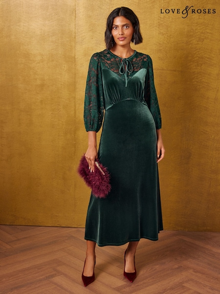 Forest Green - Love & Roses Lace Velvet Midi Tea Dress