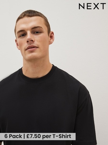 Black - Relaxed Fit Essential Cotton T-shirts 6 Pack