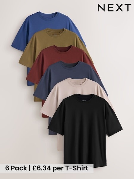 Black/Stone/Grey/Green/Red/Blue - Relaxed Fit Essential Cotton T-shirts 6 Pack