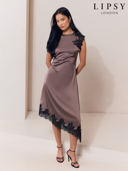 Bronze - Lipsy Satin Asymetric Lace Trim Fit And Flare Midi Dress