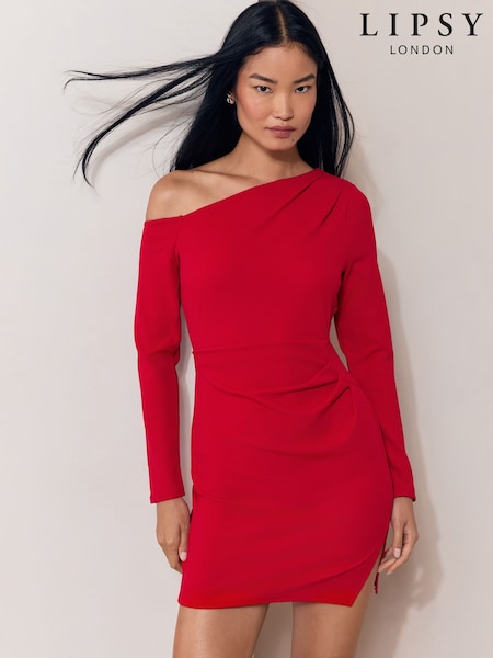 Red Long Sleeve - Lipsy Off The Shoulder Gathered Waist Mini Dress