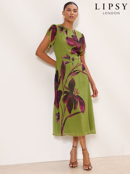 Olive Green - Lipsy Floral Print Fit And Flare Midi Dress