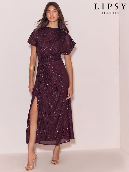 Plum - Lipsy Sequin Knot Waist Side Split Fit And Flare Midi Dress