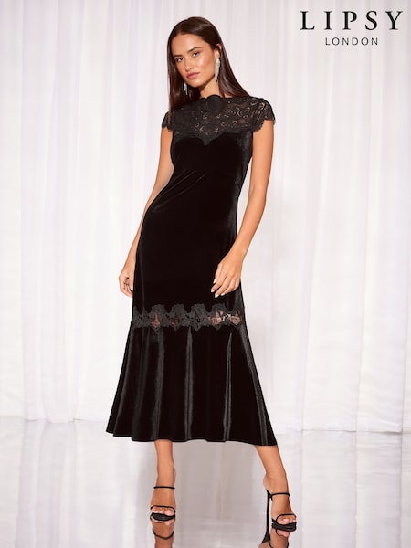 Black - Lipsy Velvet Lace Hybrid High Neck Fit And Flare Midi Dress