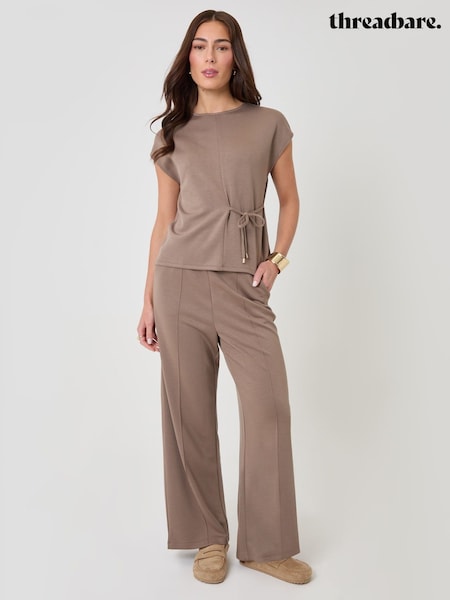 Brown - Threadbare Relaxed Fit Tie Top & Wide Leg Trousers Set