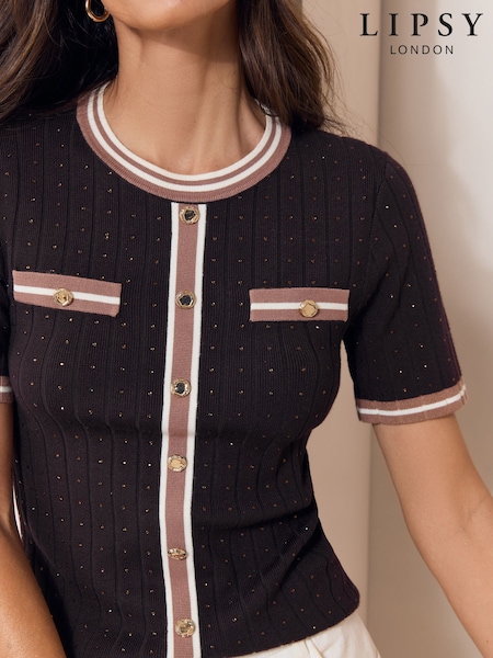 Brown - Lipsy Knitted Sequin Detail Pocket T-shirt