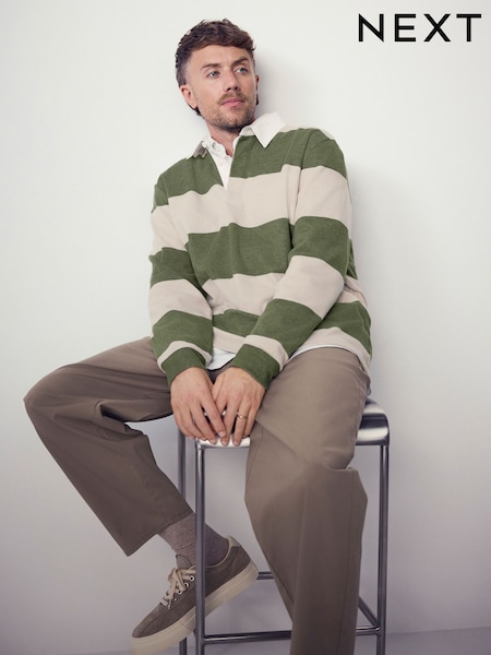 Ecru/Green - Regular Stripe Rugby Shirt
