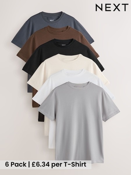 Black/White/Grey/Slate Grey/Stone/Brown - Slim Fit Essential Cotton T-shirts 6 Pack