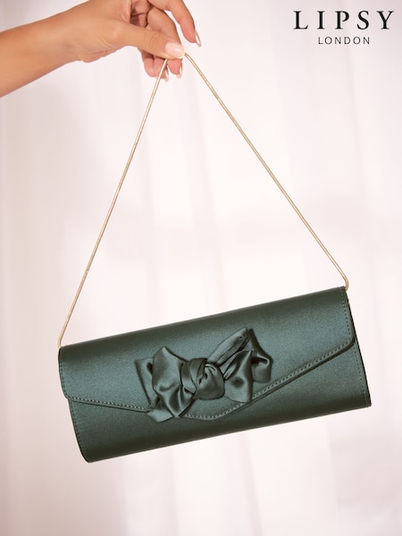 Emerald Green Satin - Lipsy Bow Clutch Bag