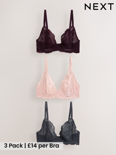 Purple/Pink/Grey - Dd+ Lace Bras 3 Pack
