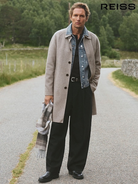 Stone Check - Regular Reiss Morpeth Wool-blend Check Single-breasted Overcoat