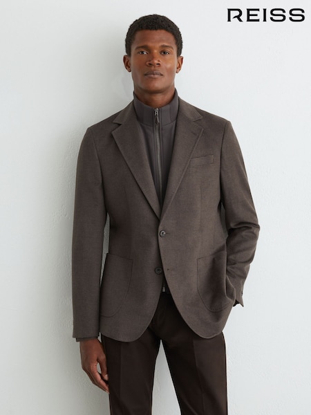 Brown - Regular Reiss Badge Check Single-breasted Blazer With Gilet Insert Tailored-fit