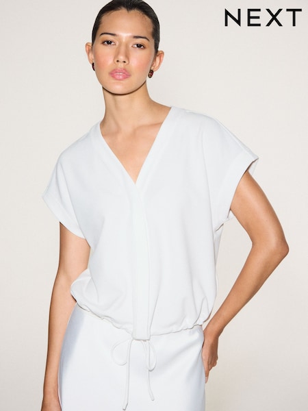 Ecru - Short Sleeve V-neck Bubblehem Top