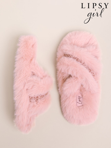 Pink - Lipsy Faux Fur Leopard Print Tape Cross Strap Slider Slippers