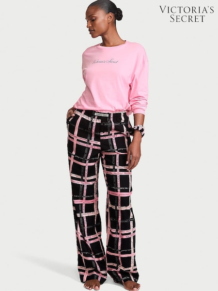 Pink & Black Tartan - Victoria's Secret Long Sleeve Flannel Pyjamas & Scrunchie Set