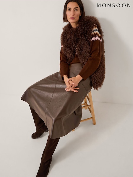 Monsoon Brown Marnie Faux Leather Midi Skirt (Y95326) | £69