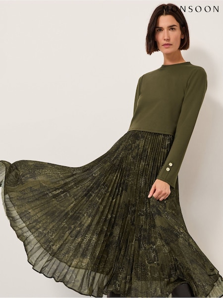 Monsoon Green Synthia Snakeskin Pleated Midi Dress (Y95352) | £95