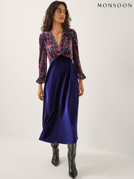 Monsoon Purple Milena Floral Devoré Velvet Midi Dress (Y95353) | £0