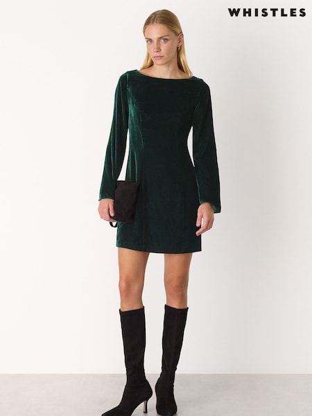 Whistles Green Velvet Flare Sleeve Dress (Y95394) | £159