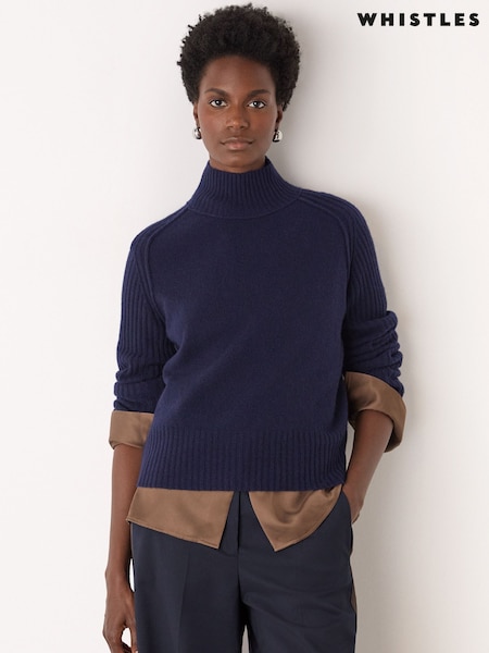 Whistles Blue Wool Funnel Neck Knit Jumper (Y95397) | £115