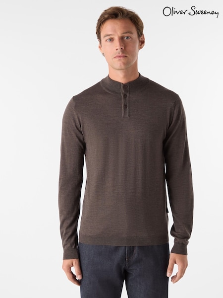Oliver Sweeney Merino Wool Buttoned Funnel-Neck Brown Jumper (Y95479) | £129