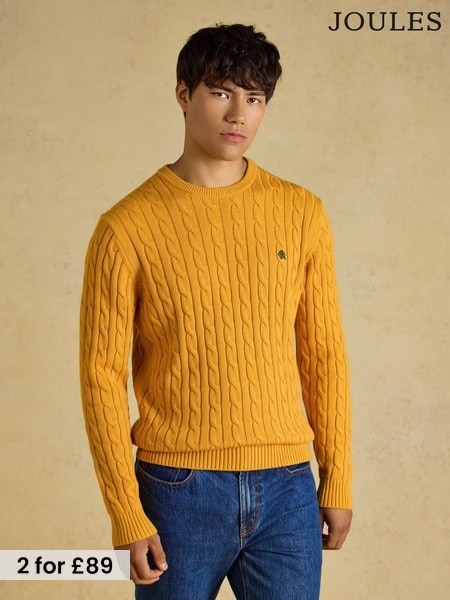 Yellow - Regular Joules Crew Neck Cotton Cable Knit Jumper