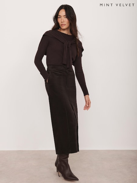 Mint Velvet Brown Corduroy Midi Skirt (Y95703) | £99