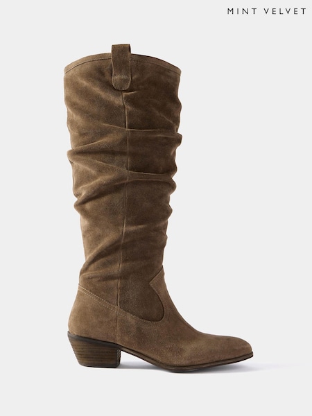 Mint Velvet Natural Jane Suede Ruched Knee High Boots (Y95713) | £199