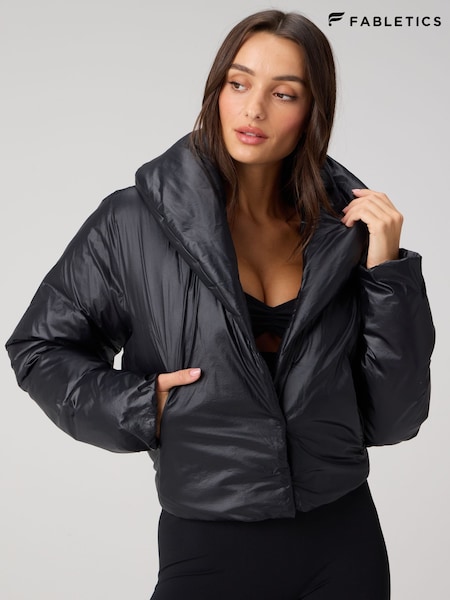 Fabletics Black Shawl Collar Puffer Shine Jacket (Y95744) | £130