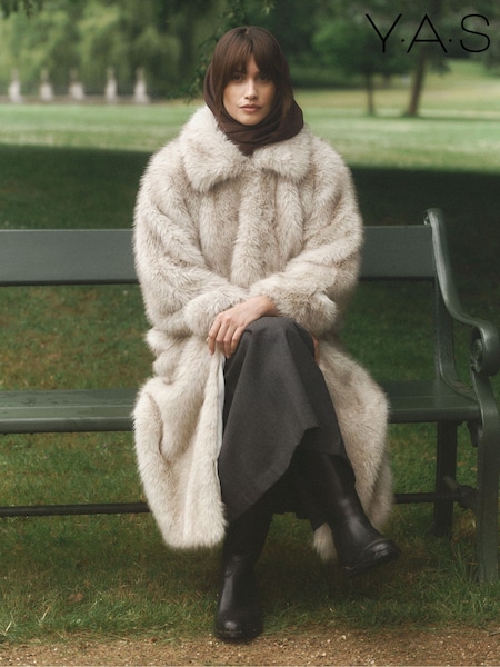 Y.A.S Grey Long Faux Fur Coat (Y95790) | £165
