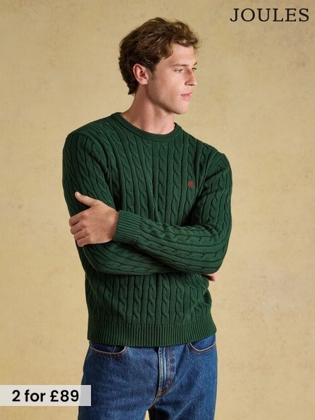 Green - Regular Joules Crew Neck Cotton Cable Knit Jumper
