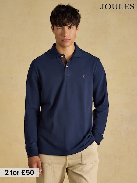 Navy - Long Sleeve Joules Woody Cotton Pique Polo Shirt