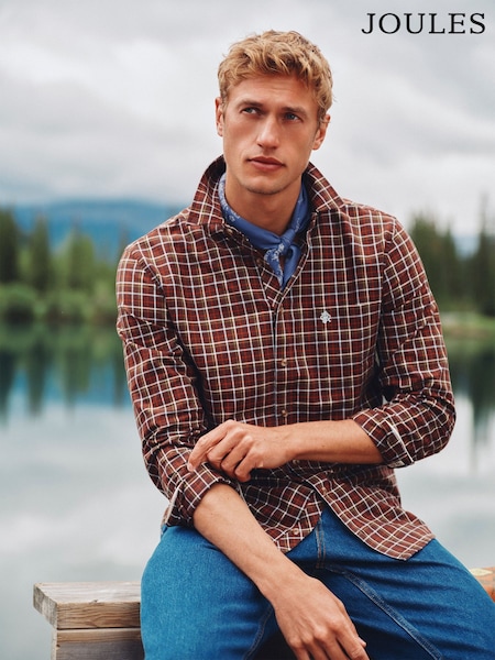 Chocolate Brown - Regular Joules Checked Classic Fit Cotton Oxford Shirt