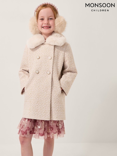 Monsoon Cream Detachable Collar Tweed Coat (Y96021) | £70 - £80