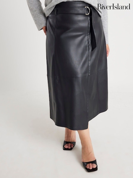 River Island Black Belted Wrap Midi Skirt (Y96102) | £44