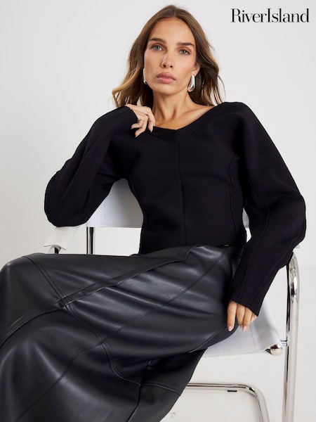 River Island Black Structured Sleeve Knitted Top (Y96130) | £44