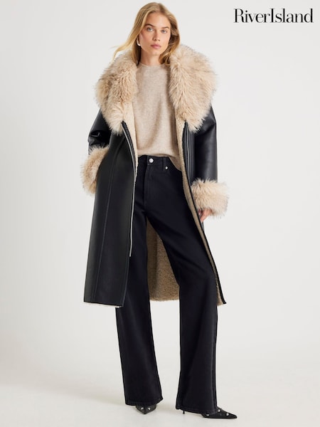 River Island Black Fur Collar Shearling Trench Jacket (Y96146) | £110