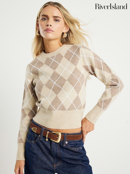 River Island Brown Petite Argyle Knitted Top (Y96185) | £39