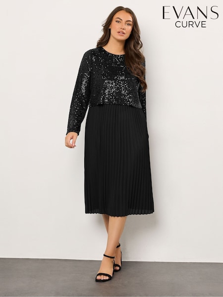 Evans Sequin Overlay Black Dress (Y96334) | £80