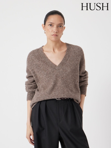 Hush Brown Wool Blend V-Neck Jumper (Y96388) | £110
