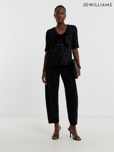 JD Williams Black Fluffy Sequin Bow Front Top (Y96424) | £35
