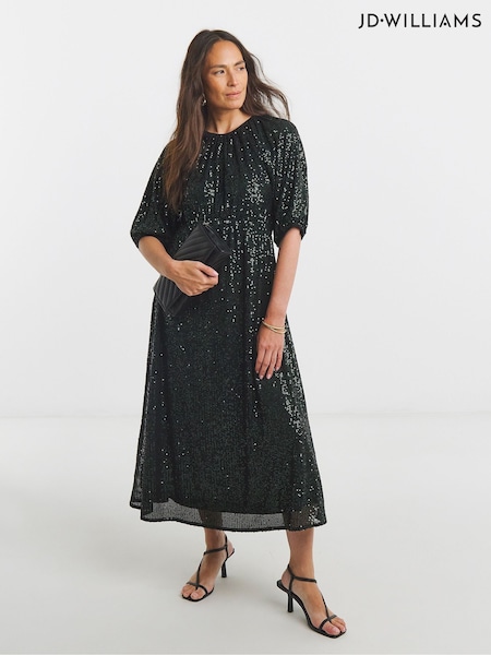 JD Williams Green Linear Sequin Puff Sleeve Midi Dress (Y96440) | £55