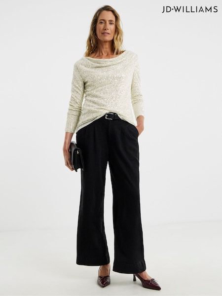 JD Williams Gold Sequin Slash Cowl Neck Long Sleeve Top (Y96442) | £35