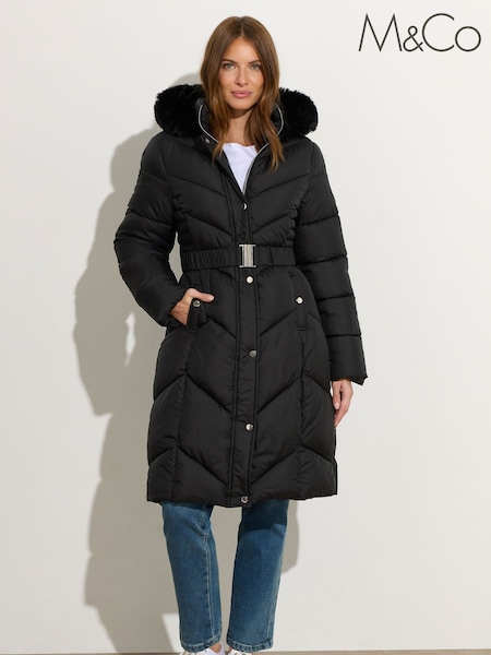 M&Co Black Glam Belted Padded Midi Coat (Y96504) | £80