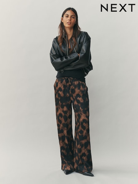 Animal Satin Tie Waist Wide Leg Trousers (Y96511) | £40