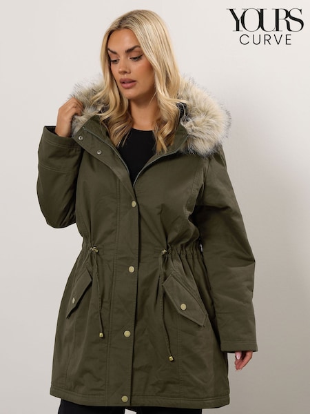 Yours Curve Green Fur Trim Parka Coat (Y96518) | £70