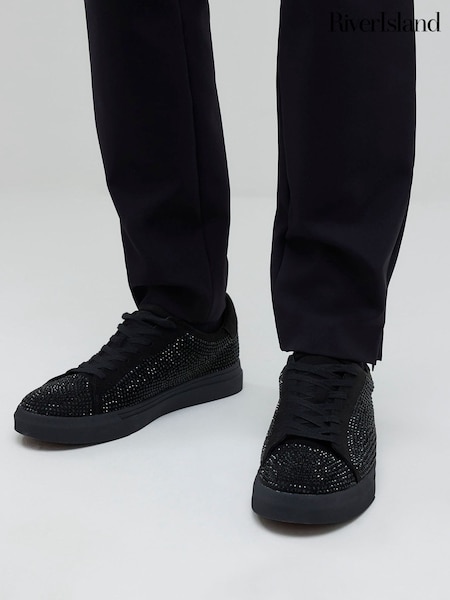 River Island Black Embellished Lace-Up Trainers (Y96831) | £50
