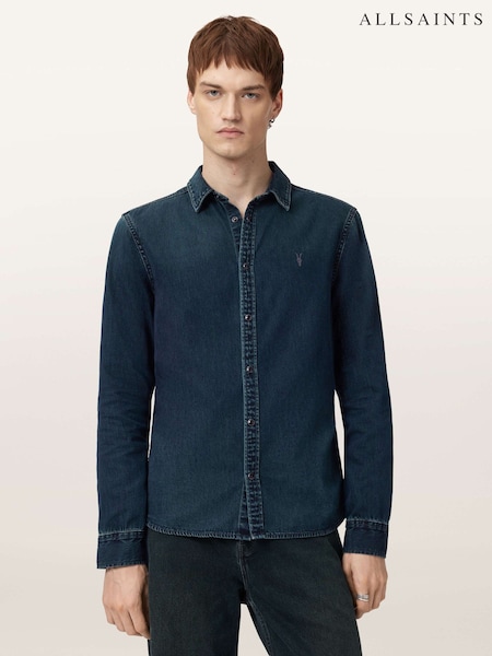 AllSaints Blue Gleason Long Sleeve Press Stud Shirt (Y97153) | £109
