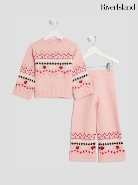 River Island Pink Fairisle Jumper & Trousers Set (Y97173) | £36